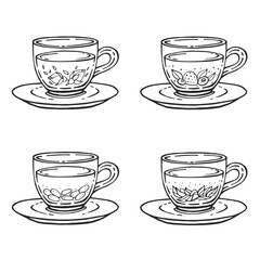 Set glass mugs of tea and saucer. Medicinal tea. Hand drawn vector illustration.