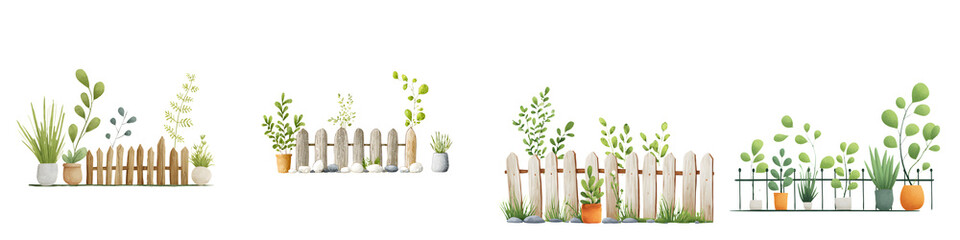 Obraz premium Vibrant, lively assortment of modern potted succulent plants arranged with charming wooden fences, showcasing natural greens and earthy tones for home decor inspiration.