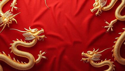 Golden dragon motifs on a rich red fabric background