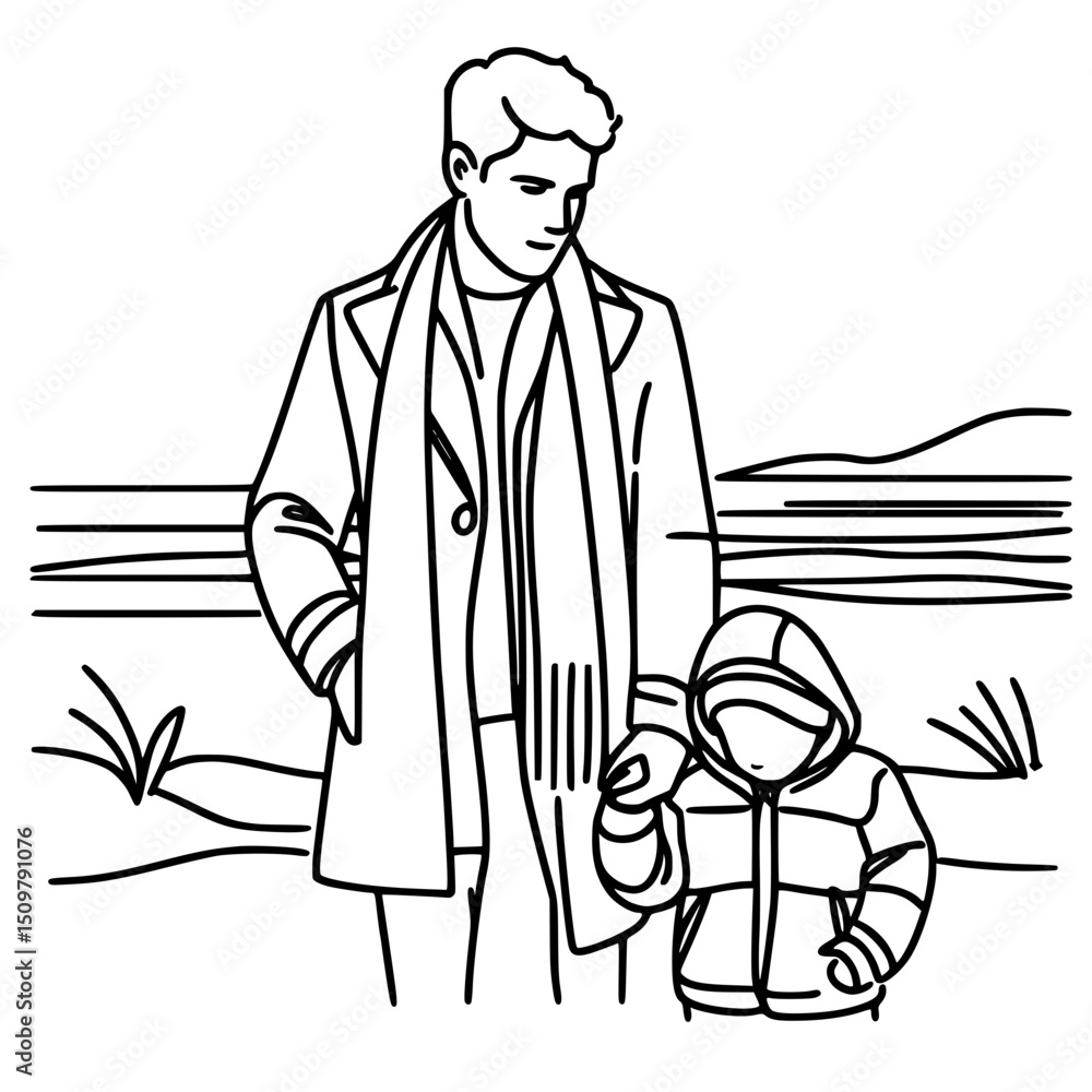 Poster man walking with child on beach in jackets in cold weather in one line vector outline