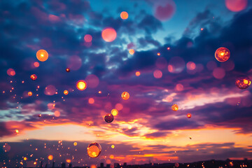 Sunset sky lit up by colorful fire orbs