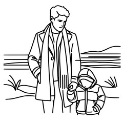 Man walking with child on beach in jackets in cold weather in one line vector outline