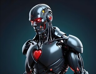 Advanced humanoid robot with glowing red eyes and a heart symbol on the chest. Futuristic cybernetic design featuring dark metallic armor, wires, and sci-fi details. Concept of AI with emotion.