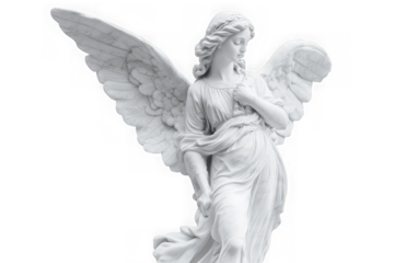 High-resolution angel statue with wings png, perfect for graphic design and art projects, white angelic figure, digital art, isolated on transparent background