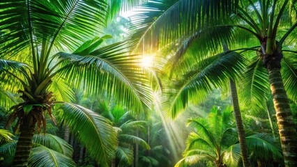Fototapeta premium Palm fronds in a lush green forest with large trees and bright sunlight filtering through the canopy, tropical, sunlight