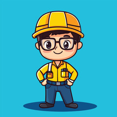 Cheerful Cartoon Engineer in Yellow Hard Hat