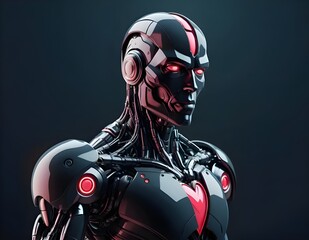 Futuristic humanoid robot with glowing red eyes and a heart-shaped core. High-tech cybernetic design with sleek armor, wires, and mechanical details. Sci-fi concept of AI and robotics evolution.