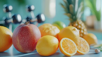 A still life featuring assorted citrus fruits pineapple and dumbbells on a light blue surface
