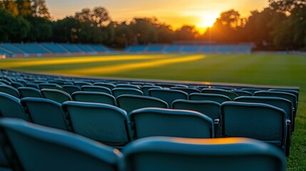 Obraz premium Empty stadium seats at sunset over a field