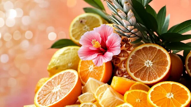 Fresh tropical fruit mix with citrus pineapple guava lemon and hibiscus blossom