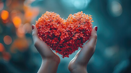 A person holding a heart shaped bouquet of orange flowers with a blurred background creating a soft effect