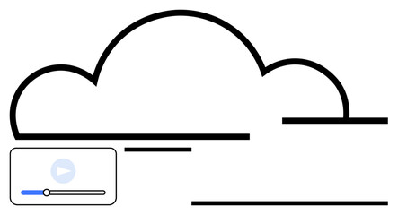 Cloud outline with minimalistic design and media player featuring play button and progress bar. Ideal for technology, digital storage, streaming, media sharing, file hosting, accessibility