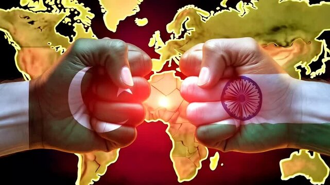 India and Pakistan Conflict Concept with Painted Fists Colliding in Front of Explosion and World Map Symbolizing War, Tension, and Geopolitical Rivalry