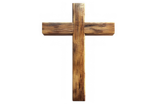 Wooden christian cross symbol of faith and religion illustration, rustic texture, religious art, isolated on transparent background