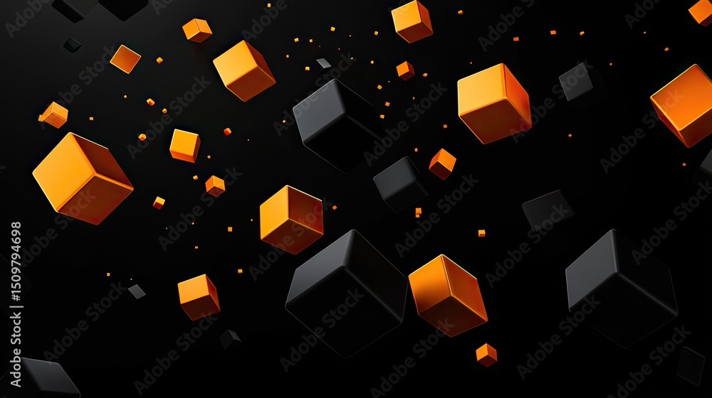 Poster abstract design with floating golden and dark cubes.