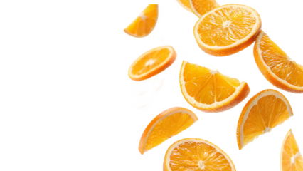 Flying delicious orange slices cut out isolated on transparent background