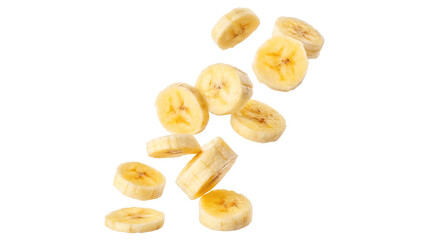 Flying delicious banana slices cut out isolated on transparent background © Hanna