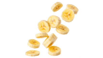Flying delicious banana slices cut out isolated on transparent background