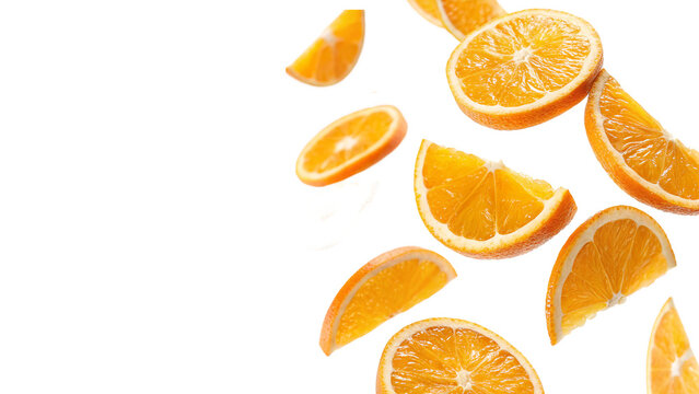Flying delicious orange slices cut out isolated on transparent background