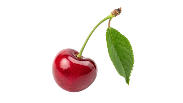 A vibrant red sweet cherry with green leaf isolated on transparent background - Powered by Adobe