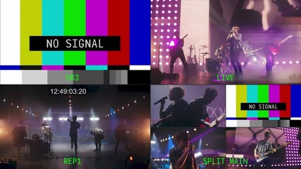 Rock Concert Broadcast Management Interface with Live Music Band Performing on Stage Indoors. UX with Dynamic Camera Angles and Real-time Configurators and Settings. Video Management System Template
