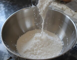 Adding Flour to a Mixing Bowl A Baking Preparation Step