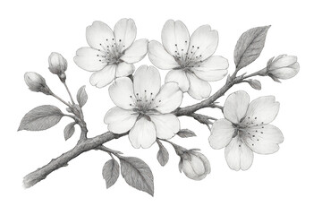 Pencil drawing of a cherry tree branch with blooming flowers and buds on a transparent background