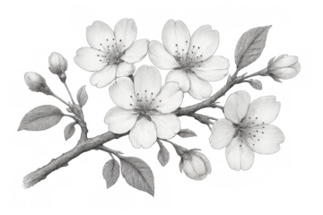 Pencil drawing of a cherry tree branch with blooming flowers and buds on a transparent background