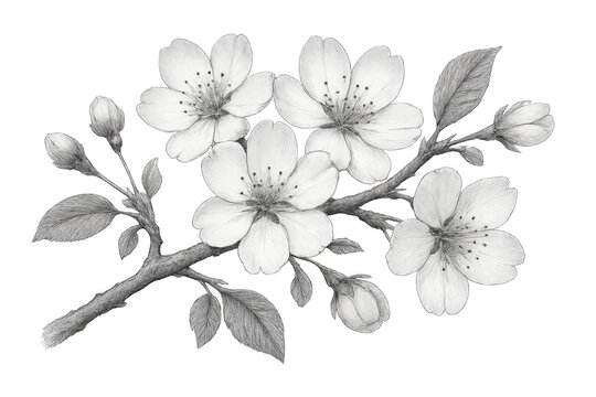 Pencil drawing of a cherry tree branch with blooming flowers and buds on a transparent background - Powered by Adobe