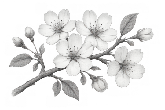 Pencil drawing of a cherry tree branch with blooming flowers and buds on a transparent background