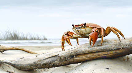Coastal crab on driftwood, beach seascape