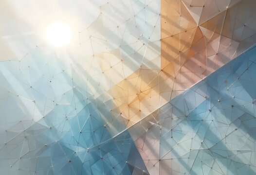 Abstract geometric ceiling with sunlight and triangular panels