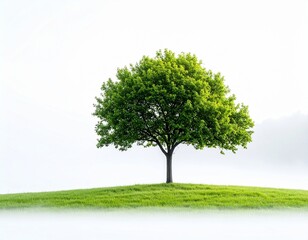 Highly detailed, photorealistic illustration of a solitary tree with dense green foliage, enveloped in soft white mist
