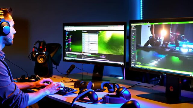 Remote video game developer coding, testing gameplay features, communicating with the development team virtually