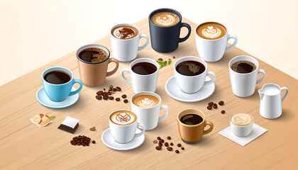 Obraz premium Isometric illustration of various coffee types.