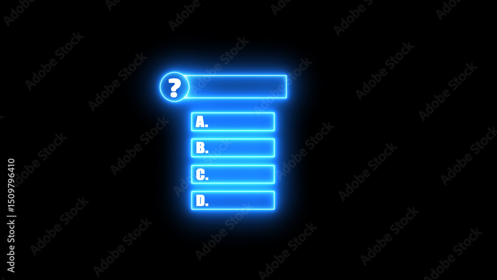Poster neon effect multiple choice question icon. mcq question, quiz icon background. question template wit