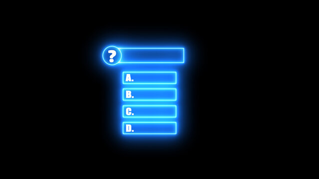 Neon effect Multiple choice question icon. MCQ question, Quiz icon background. question template with black background.