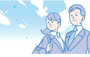 青空の下のスーツ姿の男女のイラスト