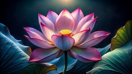 Elegant Pink Lotus Flower with Detailed Petals and Yellow Center Against a Dark Background Surrounded by Large Green Leaves