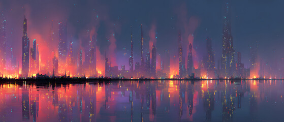Vibrant city skyline reflected in water at sunset.