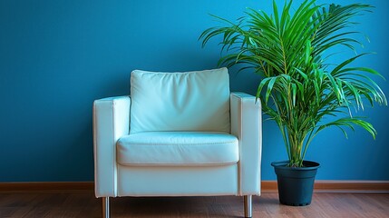 Simple white armchair next to potted plant against blue wall