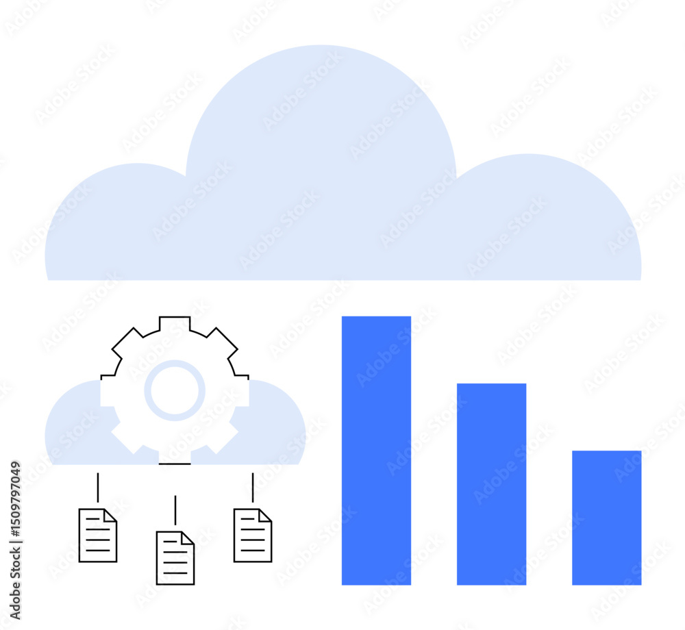 Poster cloud with bars representing data growth, gear for automation, and files for organization. ideal for