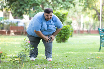 Overweight indian man suffering from knee pain while walking in summer park .Plus size guy have...