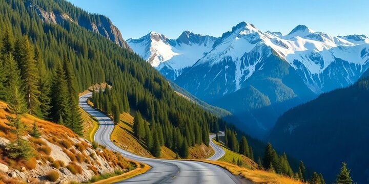 Misty mountain road, winding through snowy peaks and green trees, vertical format,  vista,  background