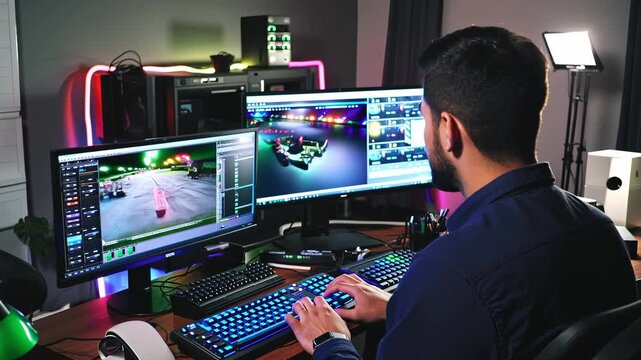 Remote video game developer coding, testing gameplay features, communicating with the development team virtually