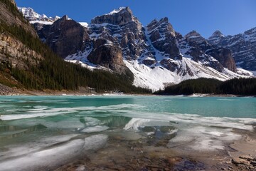 Famous Moraine Lake Springtime Landscape,  Canadian Rocky Mountains, Banff National Park