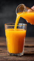 Fresh orange juice being poured into glass on wooden table, healthy and refreshing drink