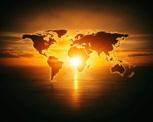 World map at sunset