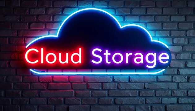 Neon sign "Cloud Storage" on brick wall backdrop, big data concept, database design,   data center,   innovation