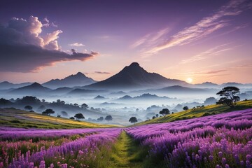 Obraz premium lavender field with mountains in the background at sunset